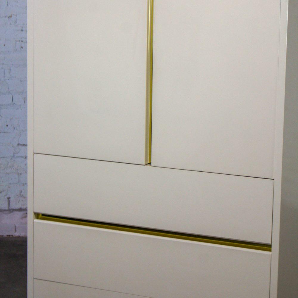 1990’s Modern to Postmodern Lane Furniture Wardrobe or Entertainment Center White Lacquer & Brass Trim