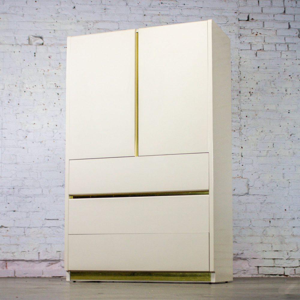 1990’s Modern to Postmodern Lane Furniture Wardrobe or Entertainment Center White Lacquer & Brass Trim