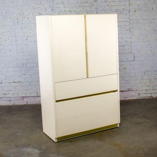 1990’s Modern to Postmodern Lane Furniture Wardrobe or Entertainment Center White Lacquer & Brass Trim