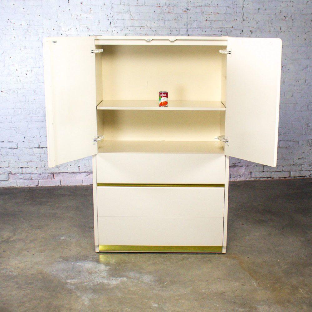 1990’s Modern to Postmodern Lane Furniture Wardrobe or Entertainment Center White Lacquer & Brass Trim