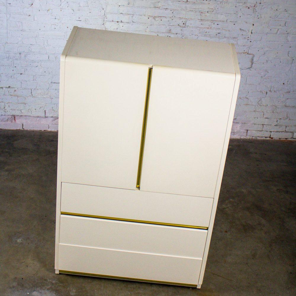 1990’s Modern to Postmodern Lane Furniture Wardrobe or Entertainment Center White Lacquer & Brass Trim