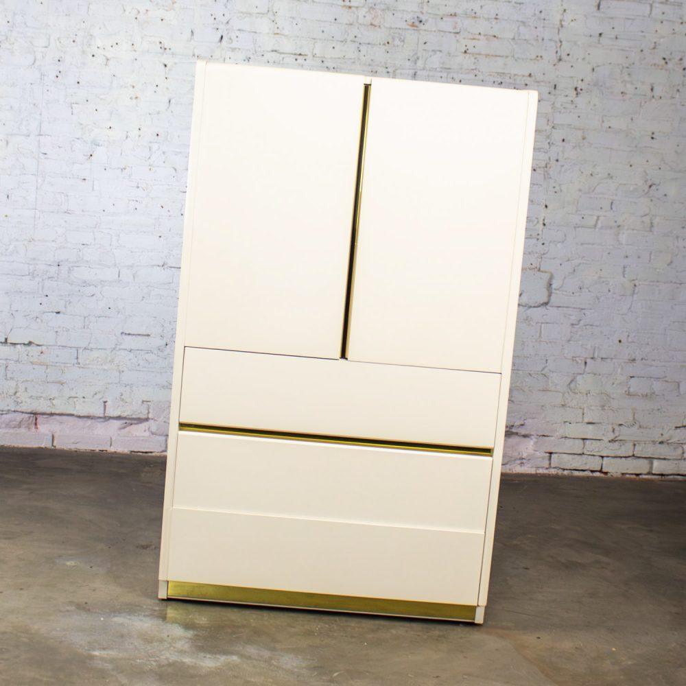 1990’s Modern to Postmodern Lane Furniture Wardrobe or Entertainment Center White Lacquer & Brass Trim