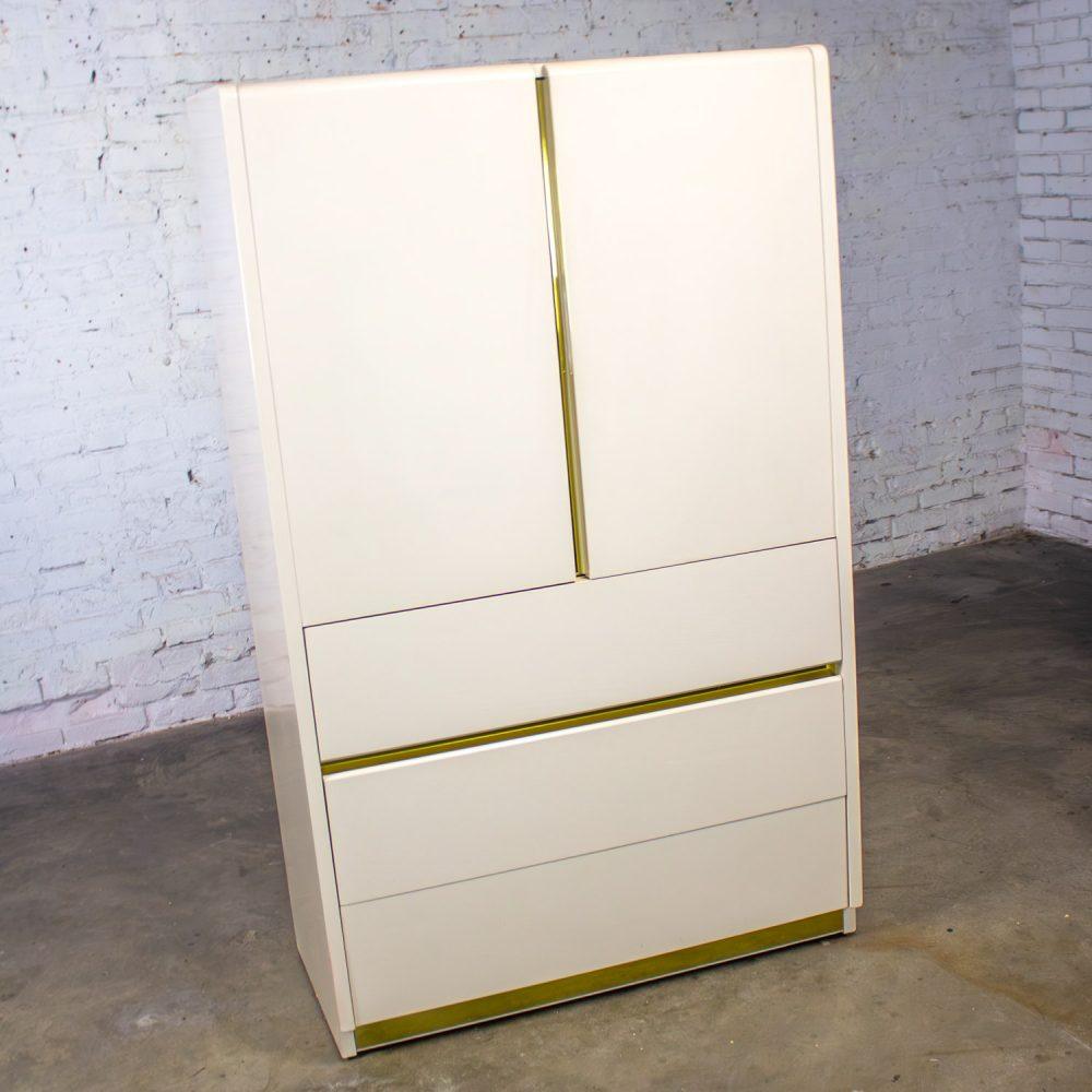 1990’s Modern to Postmodern Lane Furniture Wardrobe or Entertainment Center White Lacquer & Brass Trim