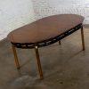 Mid-20th Century MCM to Campaign Style Round to Oval Expanding Dining Table Attributed to Tung Si Collection by Hickory Manufacturing