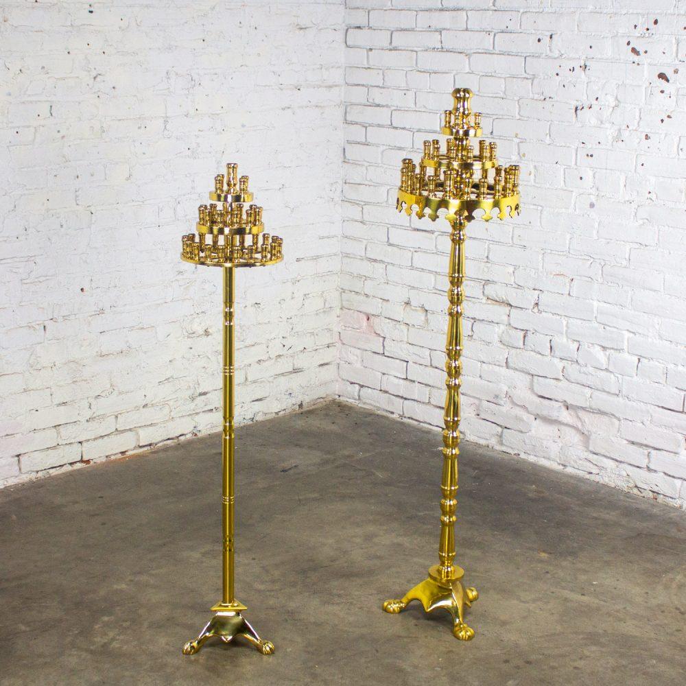 20th Century Gothic Style Solid Cast Brass Tiered Floor Standing Candelabra Tripod Bases a Pair