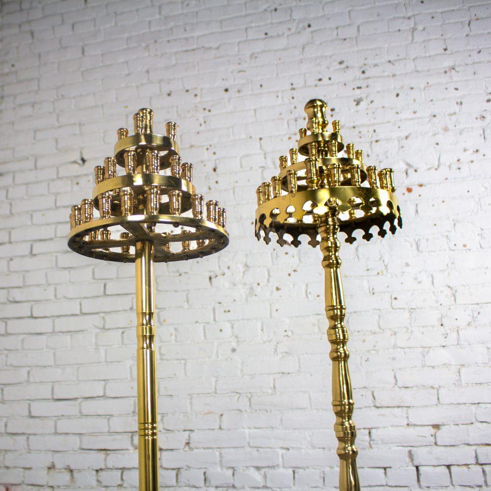 20th Century Gothic Style Solid Cast Brass Tiered Floor Standing Candelabra Tripod Bases a Pair