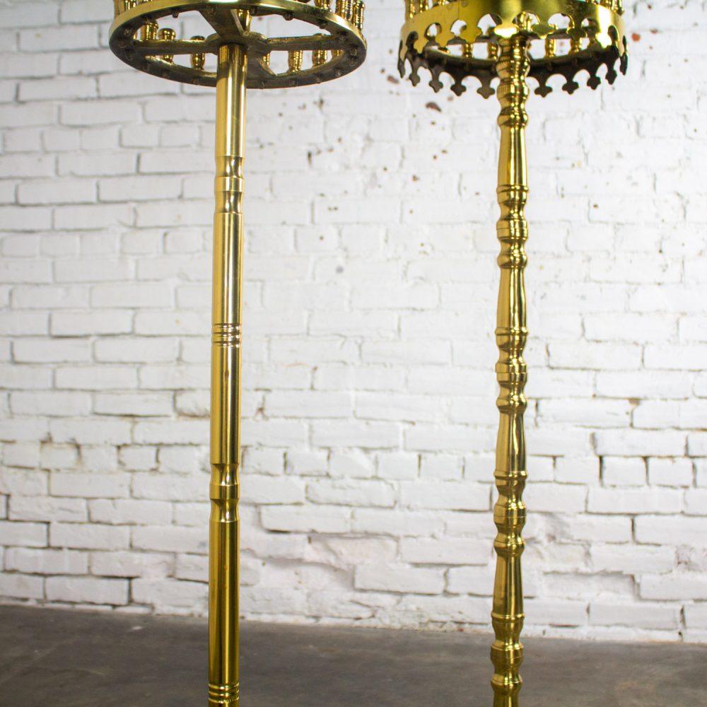 20th Century Gothic Style Solid Cast Brass Tiered Floor Standing Candelabra Tripod Bases a Pair