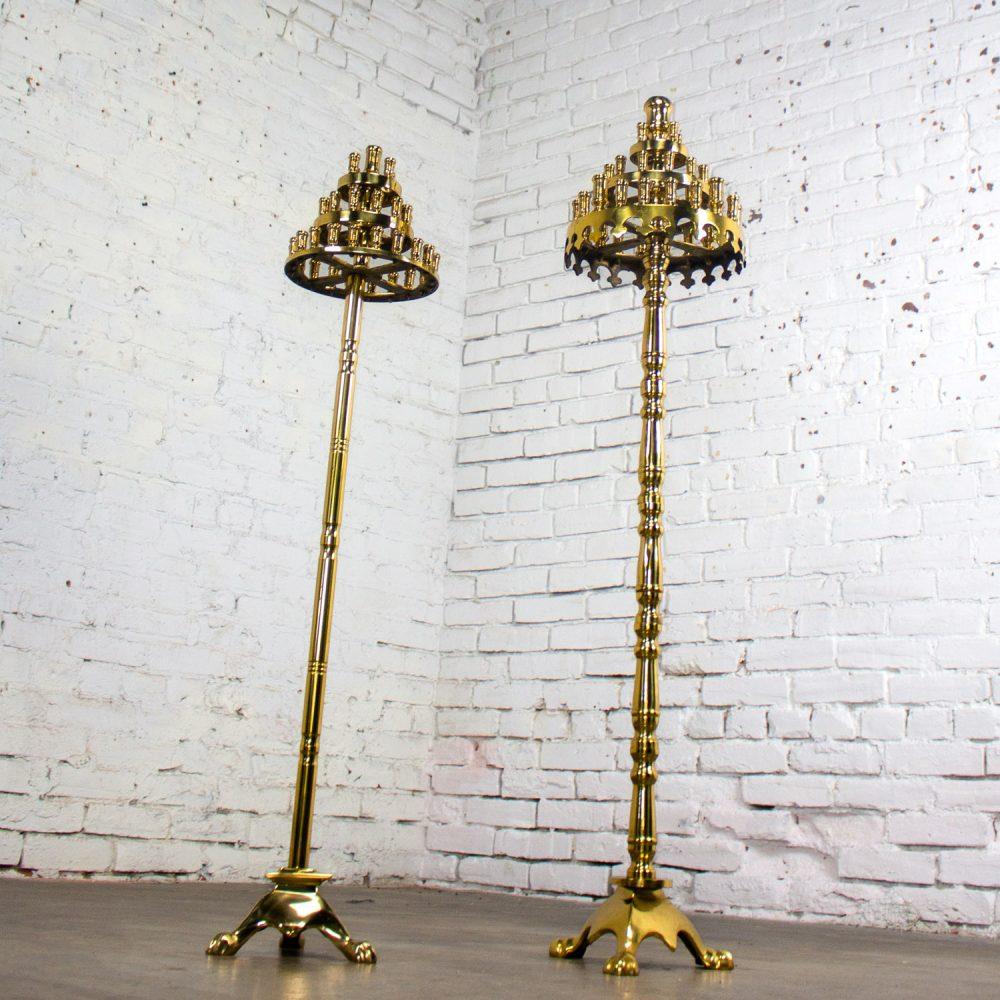 20th Century Gothic Style Solid Cast Brass Tiered Floor Standing Candelabra Tripod Bases a Pair
