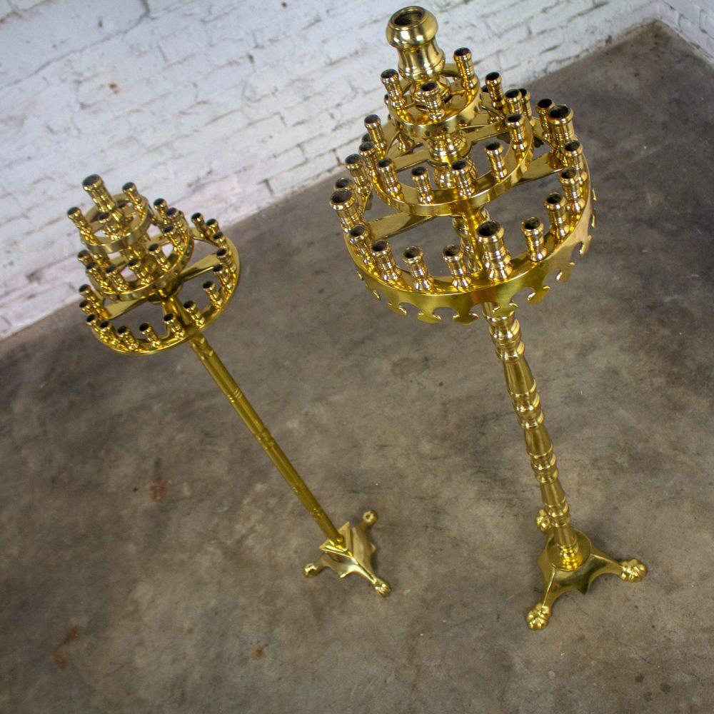 20th Century Gothic Style Solid Cast Brass Tiered Floor Standing Candelabra Tripod Bases a Pair