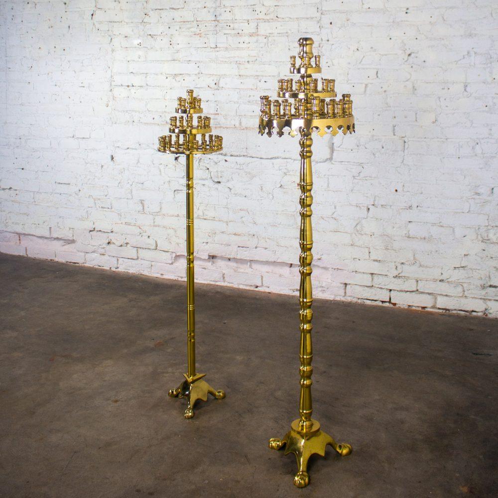 20th Century Gothic Style Solid Cast Brass Tiered Floor Standing Candelabra Tripod Bases a Pair