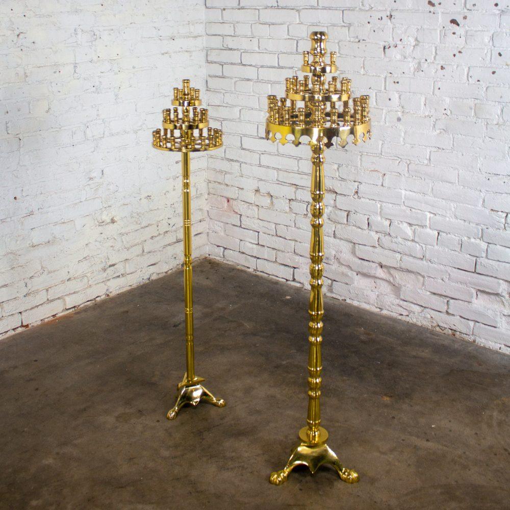 20th Century Gothic Style Solid Cast Brass Tiered Floor Standing Candelabra Tripod Bases a Pair