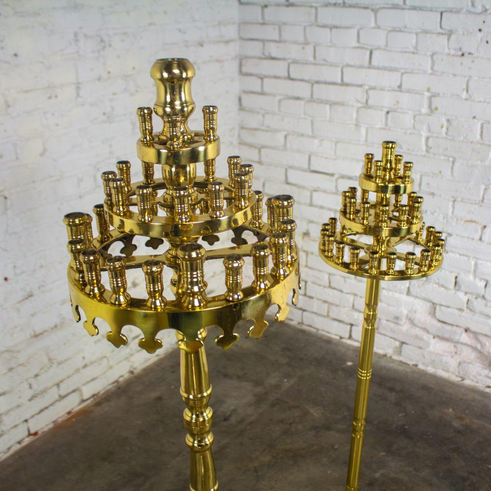 20th Century Gothic Style Solid Cast Brass Tiered Floor Standing Candelabra Tripod Bases a Pair