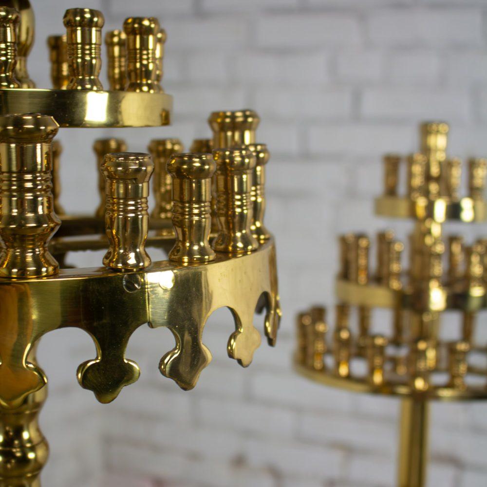 20th Century Gothic Style Solid Cast Brass Tiered Floor Standing Candelabra Tripod Bases a Pair