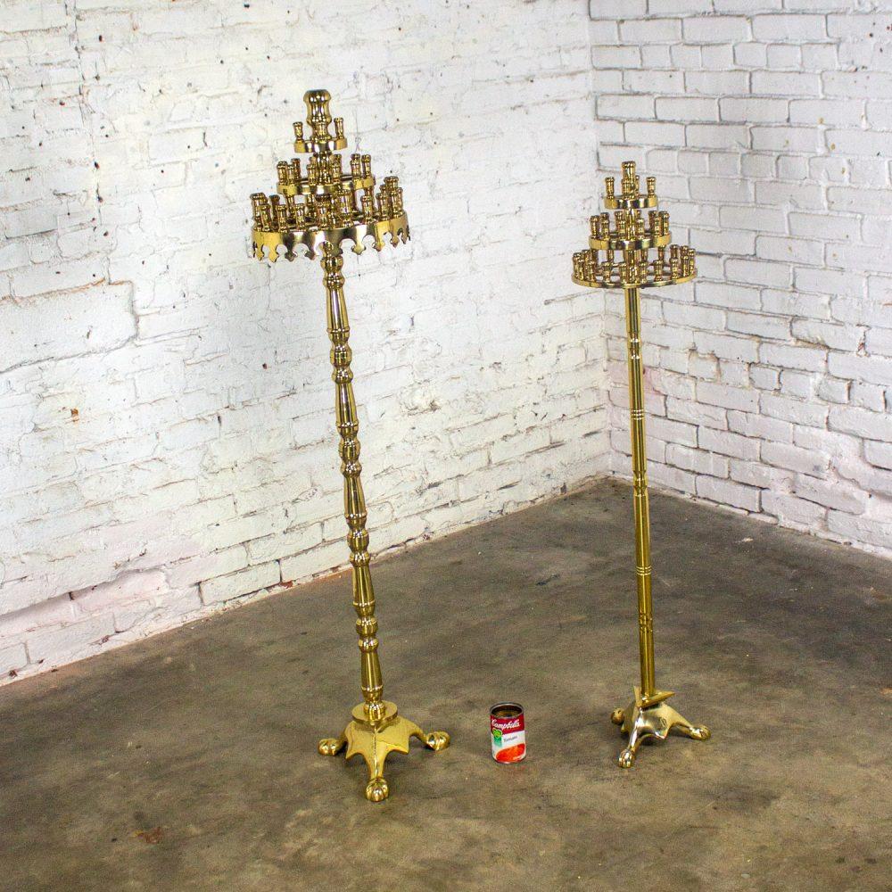 20th Century Gothic Style Solid Cast Brass Tiered Floor Standing Candelabra Tripod Bases a Pair