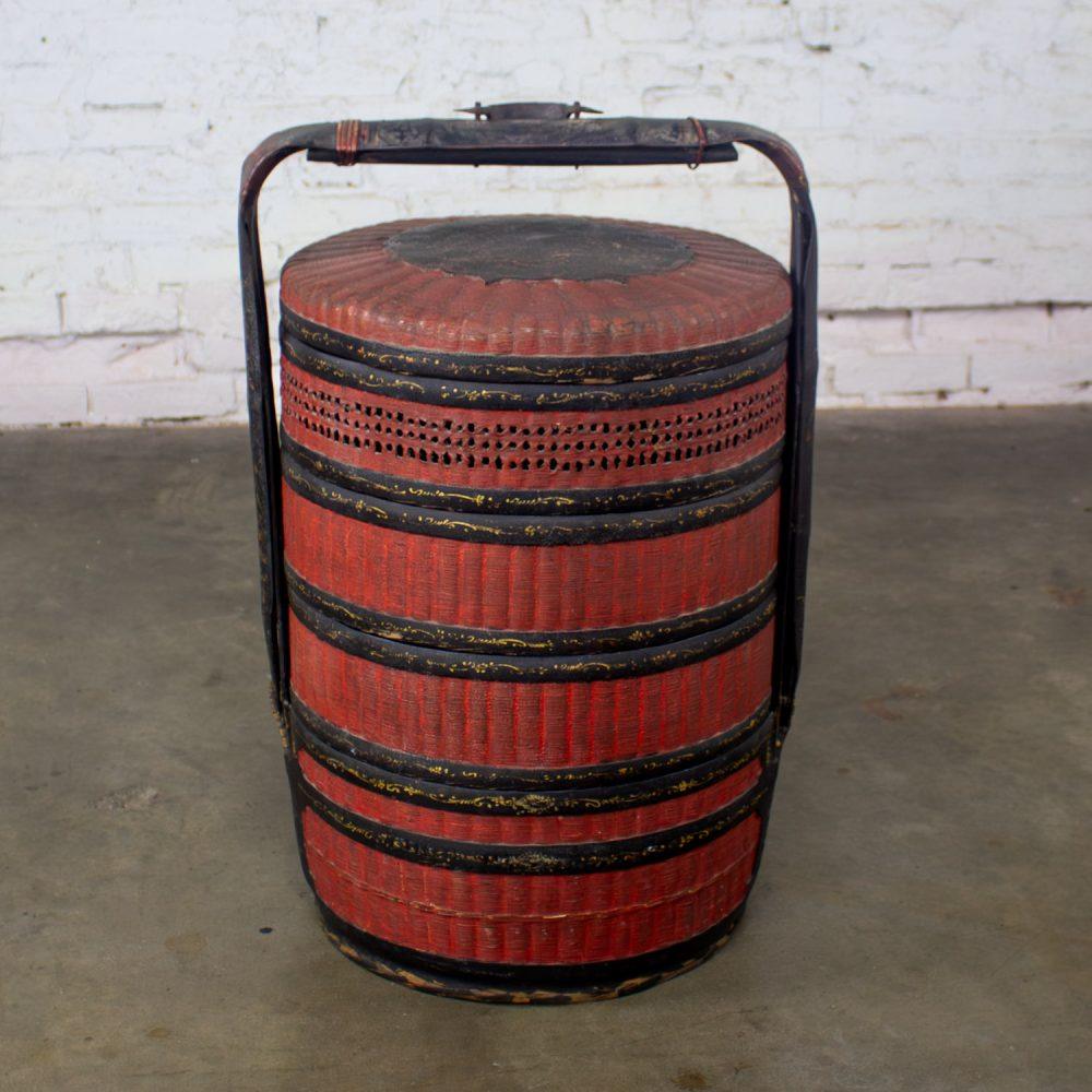 19th Century Antique Asian Red & Black Lacquer 4 Tier Woven Grass Stackable Chinese Wedding Basket