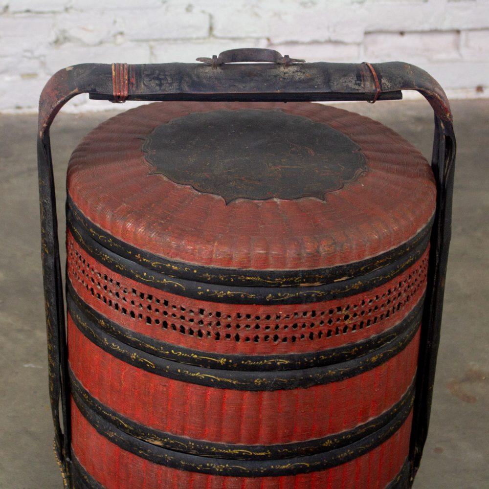 19th Century Antique Asian Red & Black Lacquer 4 Tier Woven Grass Stackable Chinese Wedding Basket