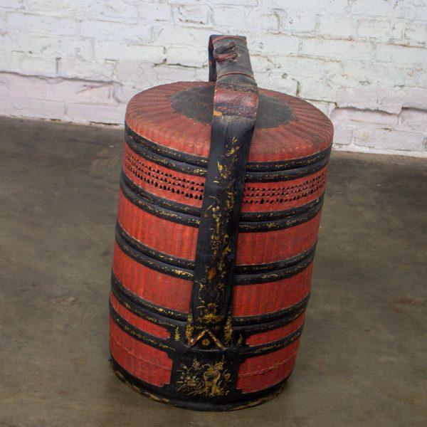 19th Century Antique Asian Red & Black Lacquer 4 Tier Woven Grass Stackable Chinese Wedding Basket
