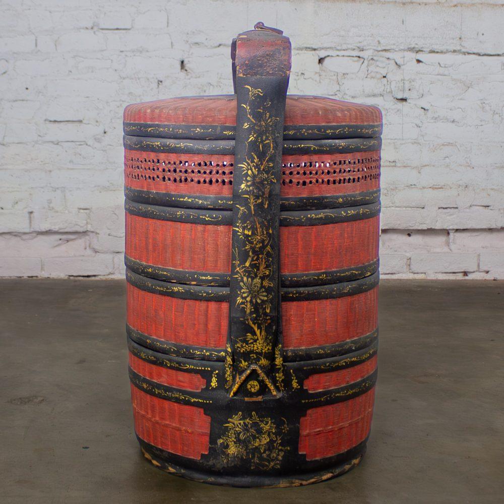 19th Century Antique Asian Red & Black Lacquer 4 Tier Woven Grass Stackable Chinese Wedding Basket