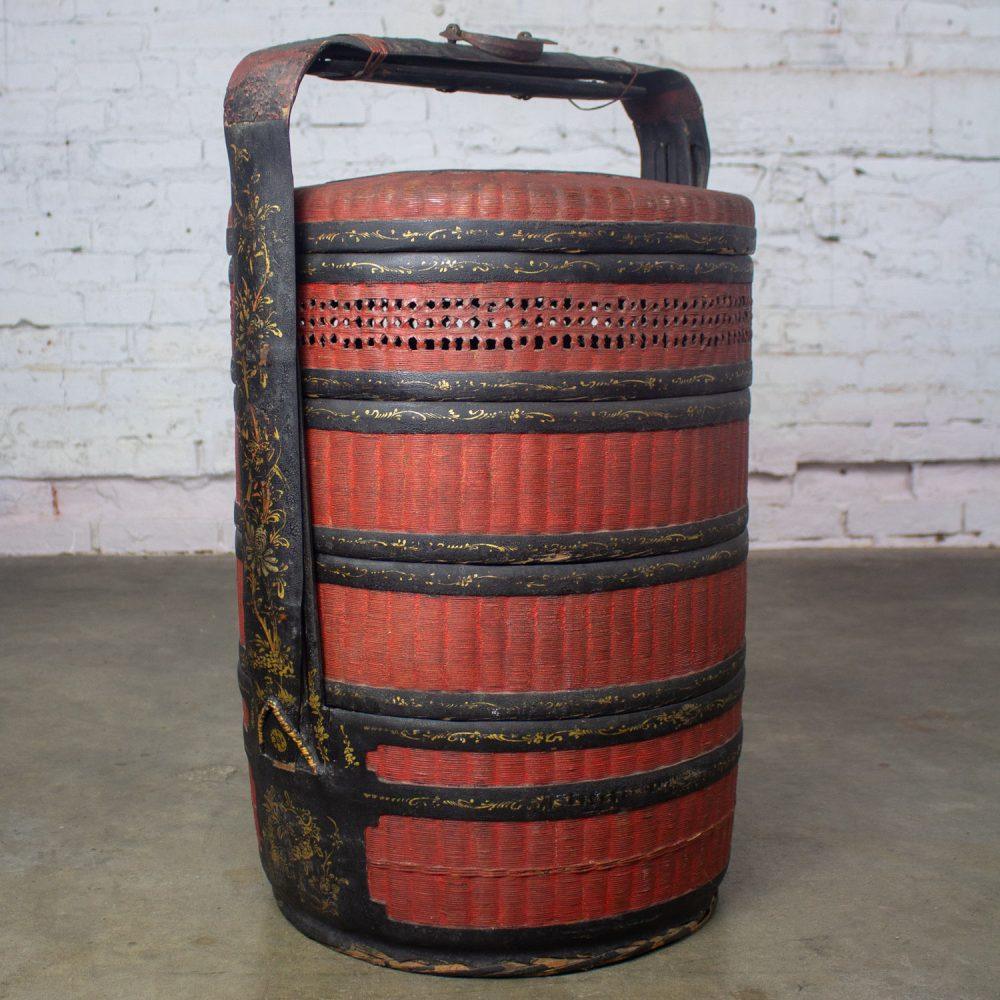 19th Century Antique Asian Red & Black Lacquer 4 Tier Woven Grass Stackable Chinese Wedding Basket