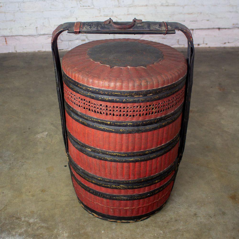 19th Century Antique Asian Red & Black Lacquer 4 Tier Woven Grass Stackable Chinese Wedding Basket