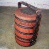 19th Century Antique Asian Red & Black Lacquer 4 Tier Woven Grass Stackable Chinese Wedding Basket