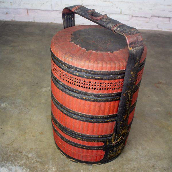 19th Century Antique Asian Red & Black Lacquer 4 Tier Woven Grass Stackable Chinese Wedding Basket