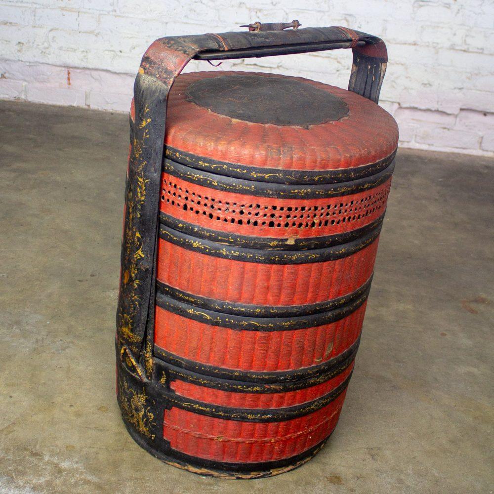 19th Century Antique Asian Red & Black Lacquer 4 Tier Woven Grass Stackable Chinese Wedding Basket
