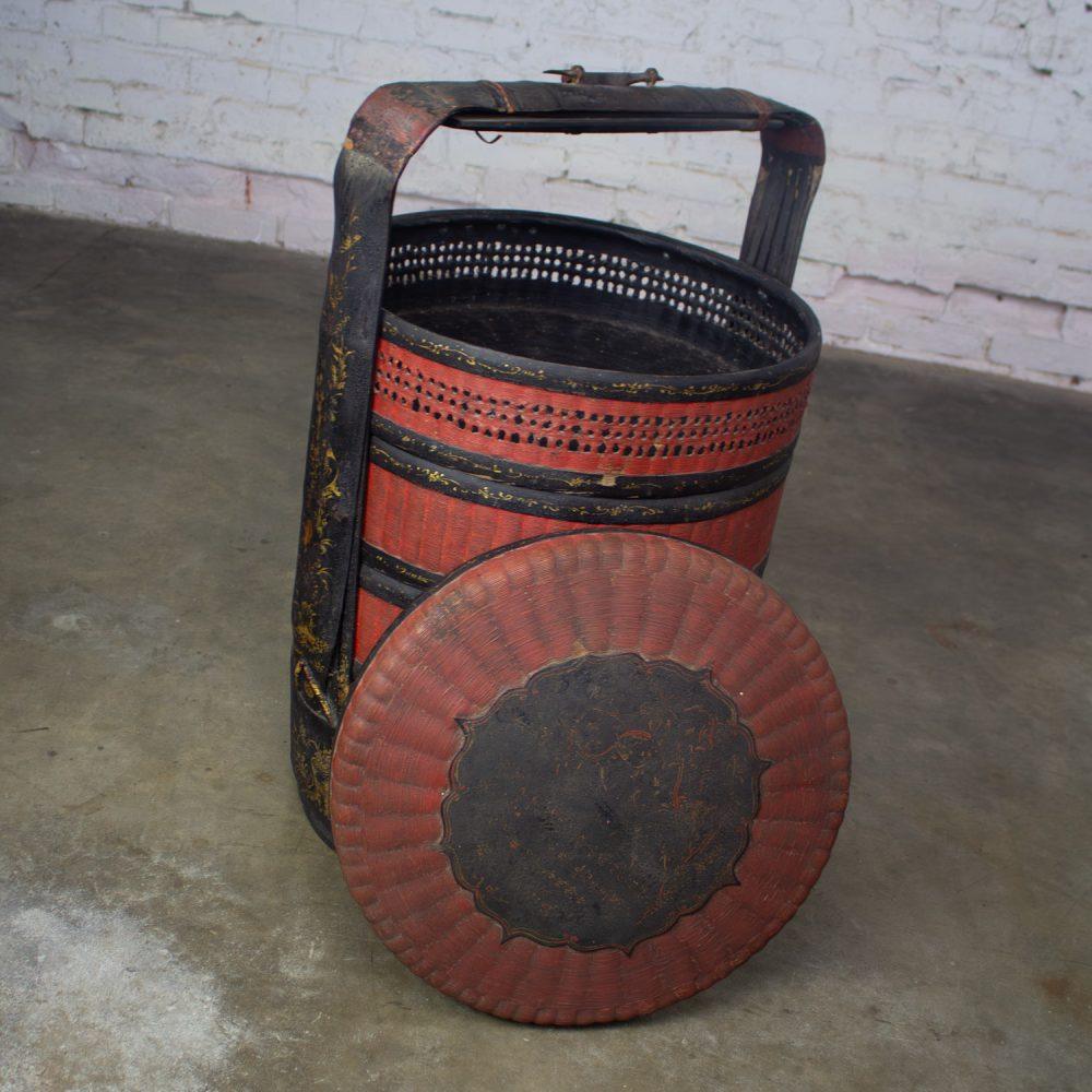 19th Century Antique Asian Red & Black Lacquer 4 Tier Woven Grass Stackable Chinese Wedding Basket
