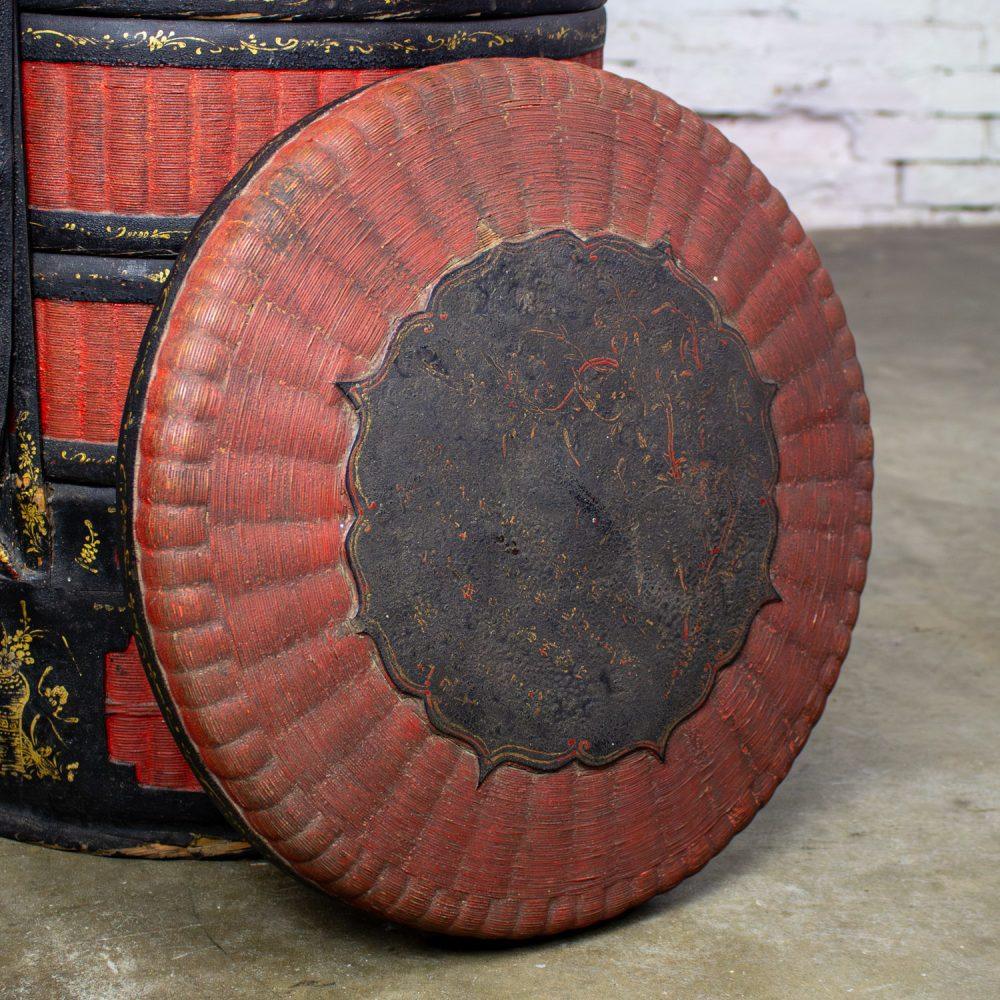 19th Century Antique Asian Red & Black Lacquer 4 Tier Woven Grass Stackable Chinese Wedding Basket