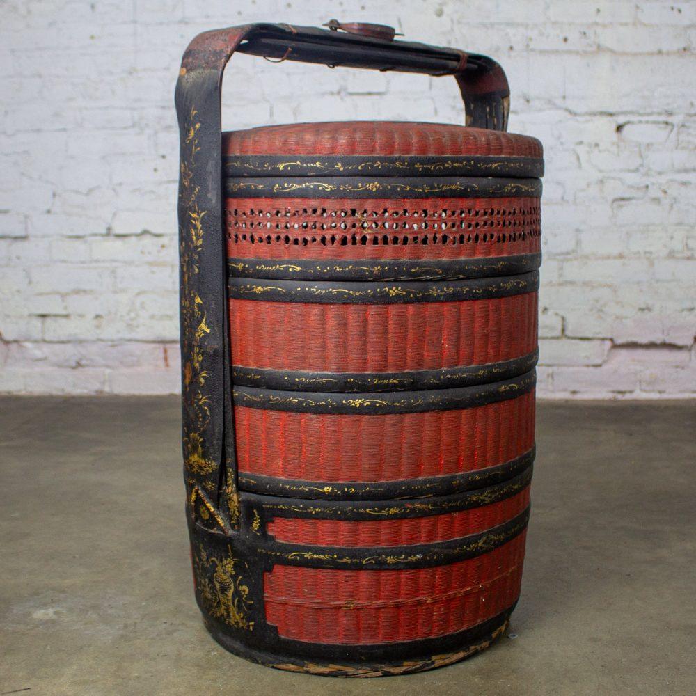 19th Century Antique Asian Red & Black Lacquer 4 Tier Woven Grass Stackable Chinese Wedding Basket