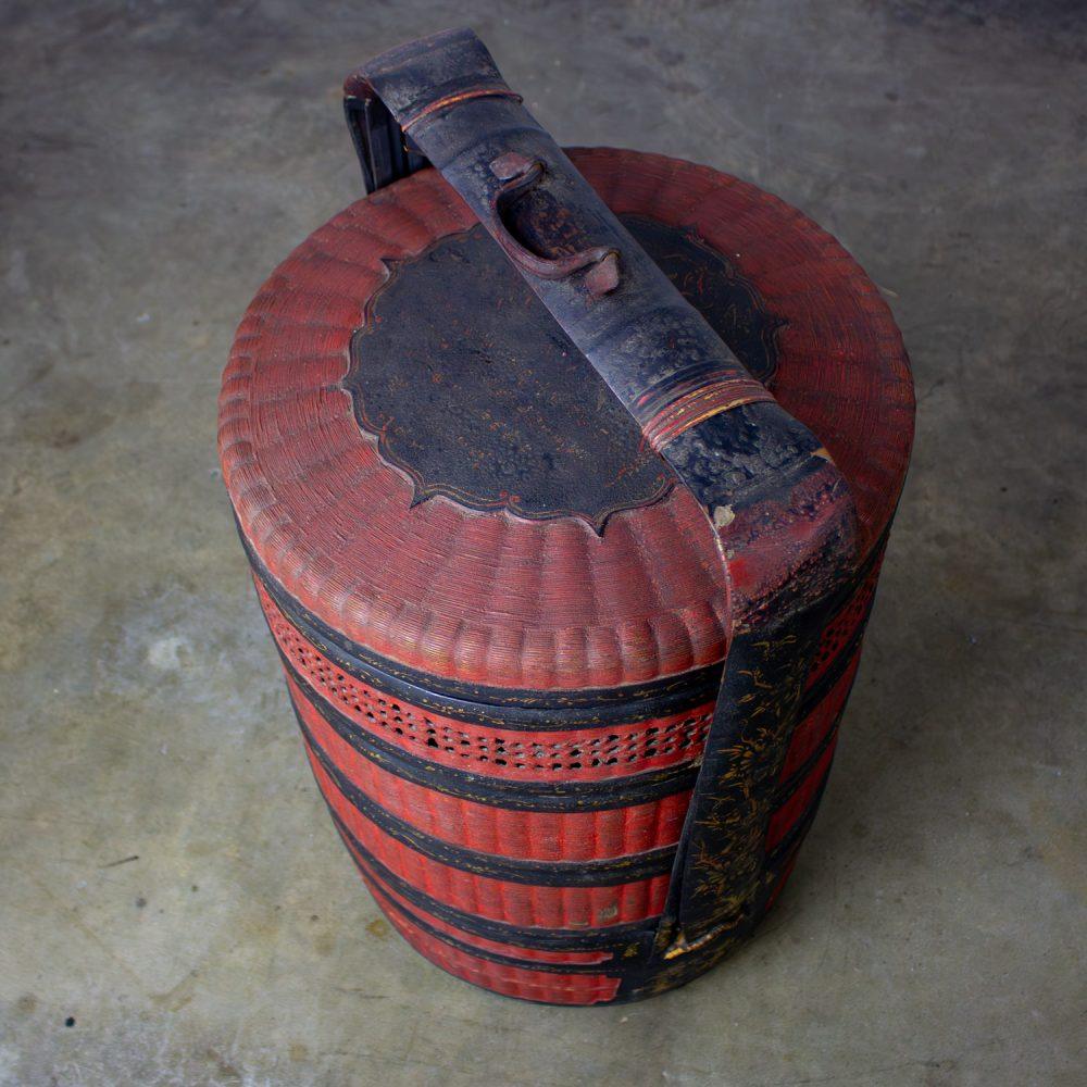 19th Century Antique Asian Red & Black Lacquer 4 Tier Woven Grass Stackable Chinese Wedding Basket