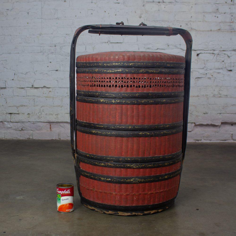 19th Century Antique Asian Red & Black Lacquer 4 Tier Woven Grass Stackable Chinese Wedding Basket