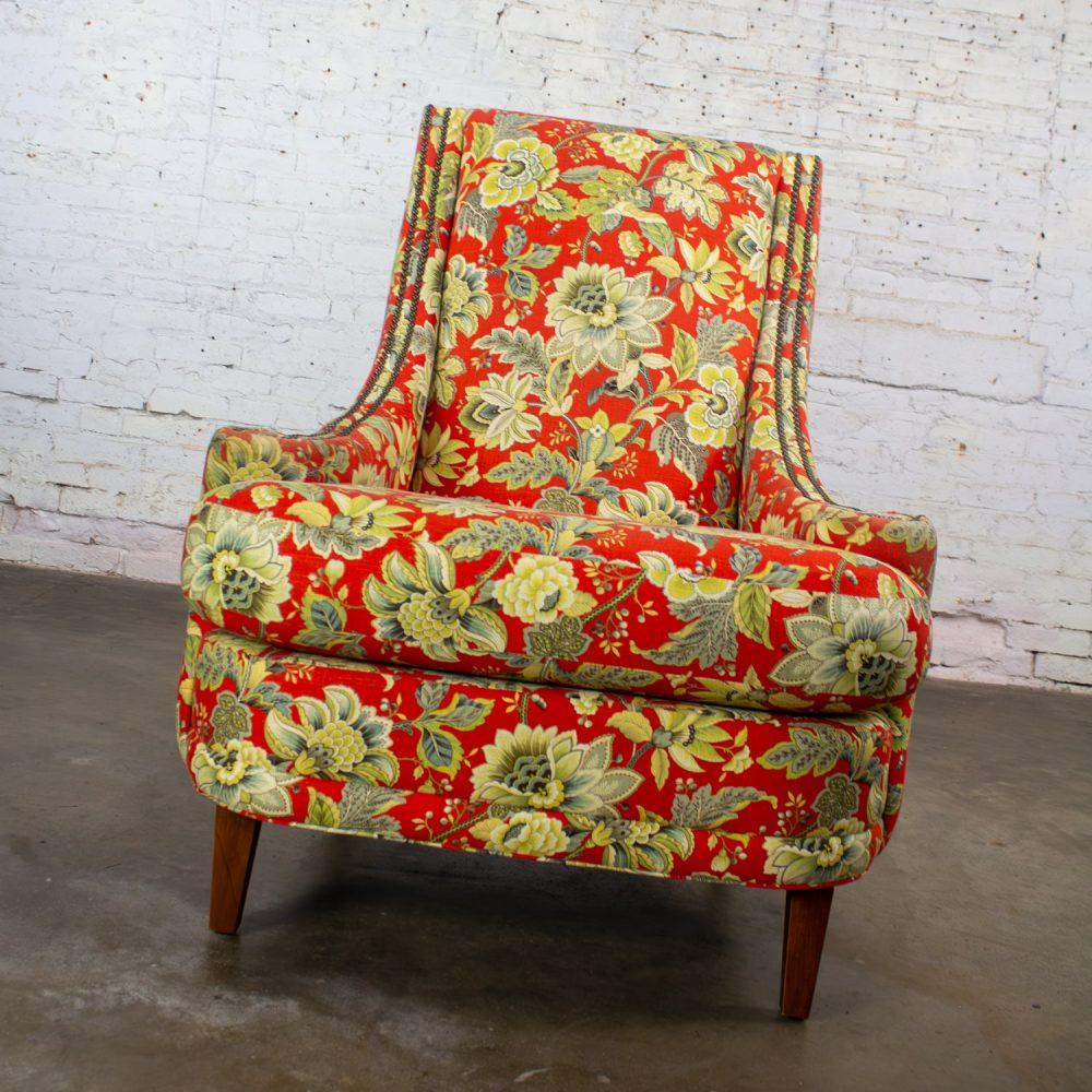 Late 20th to Early 21st Century Traditional Red Floral Accent Chair w/Swooped Arms by Norwalk