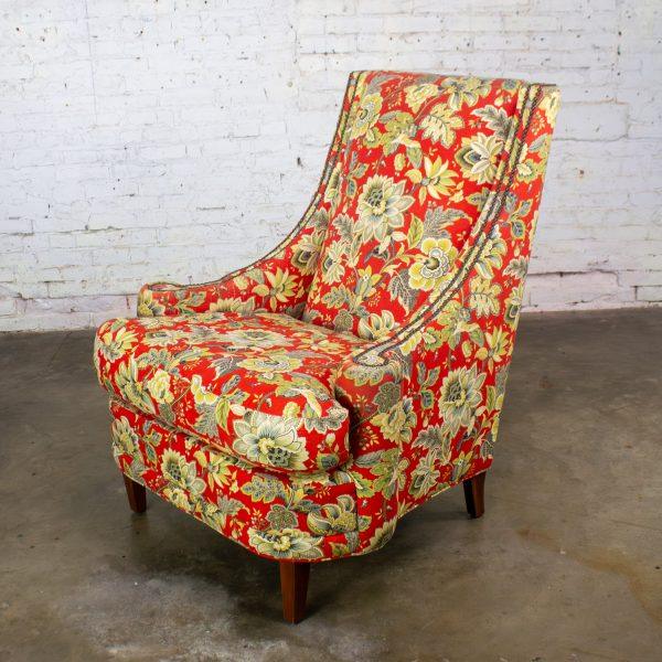 Late 20th to Early 21st Century Traditional Red Floral Accent Chair w/Swooped Arms by Norwalk
