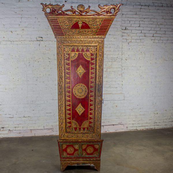 19th to Early 20th Century Indonesian Maduran Red Painted & Gilded Tall Cabinet or Storage Chest