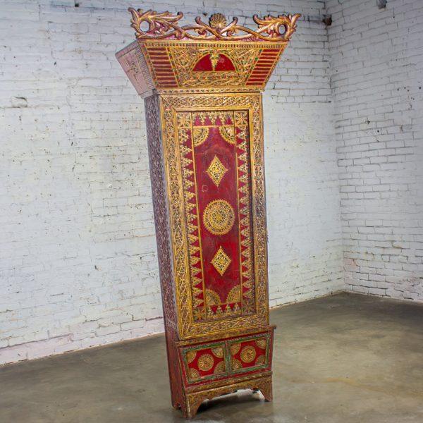 19th to Early 20th Century Indonesian Maduran Red Painted & Gilded Tall Cabinet or Storage Chest