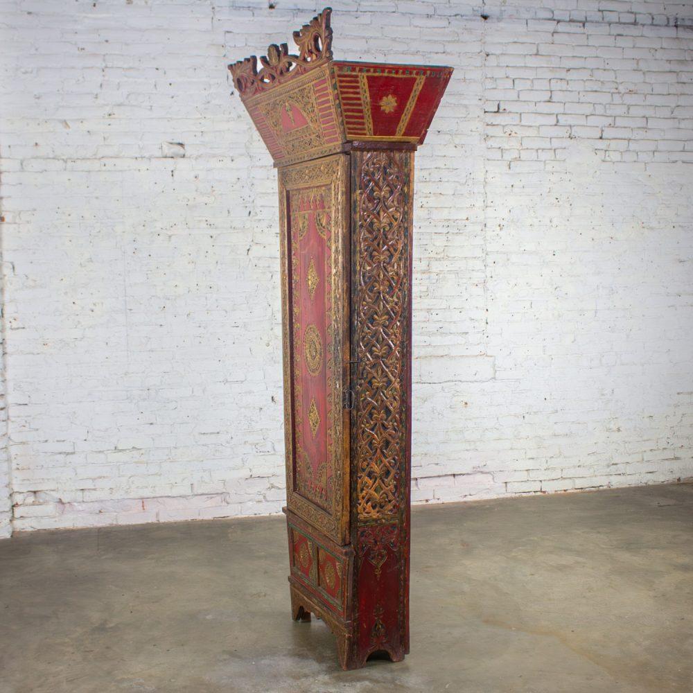19th to Early 20th Century Indonesian Maduran Red Painted & Gilded Tall Cabinet or Storage Chest