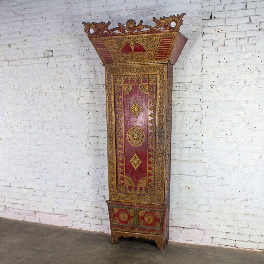 19th to Early 20th Century Indonesian Maduran Red Painted & Gilded Tall Cabinet or Storage Chest