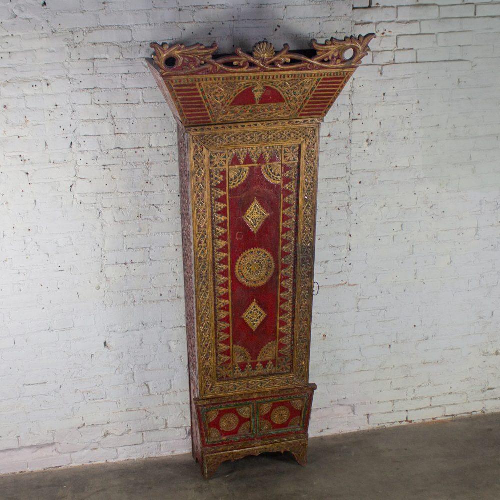 19th to Early 20th Century Indonesian Maduran Red Painted & Gilded Tall Cabinet or Storage Chest