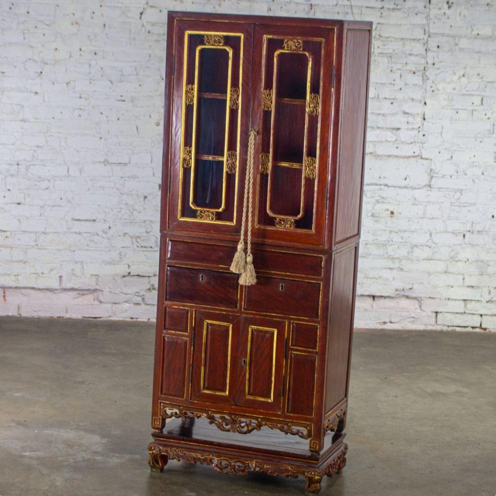 Late 19th to Early 20th Century Chinese Hand Carved & Gilded 3 Part Stacking Display or China Cabinet