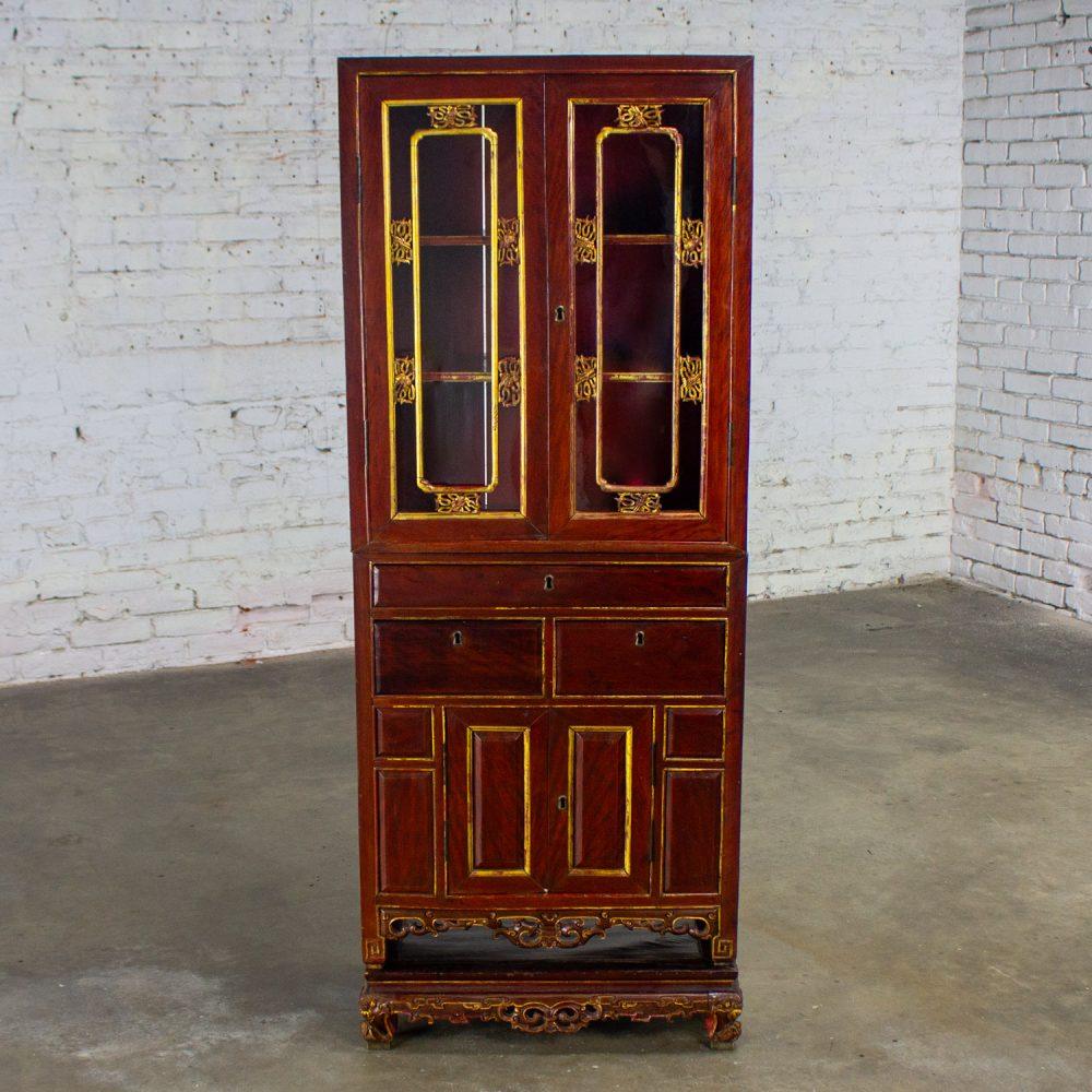 Late 19th to Early 20th Century Chinese Hand Carved & Gilded 3 Part Stacking Display or China Cabinet