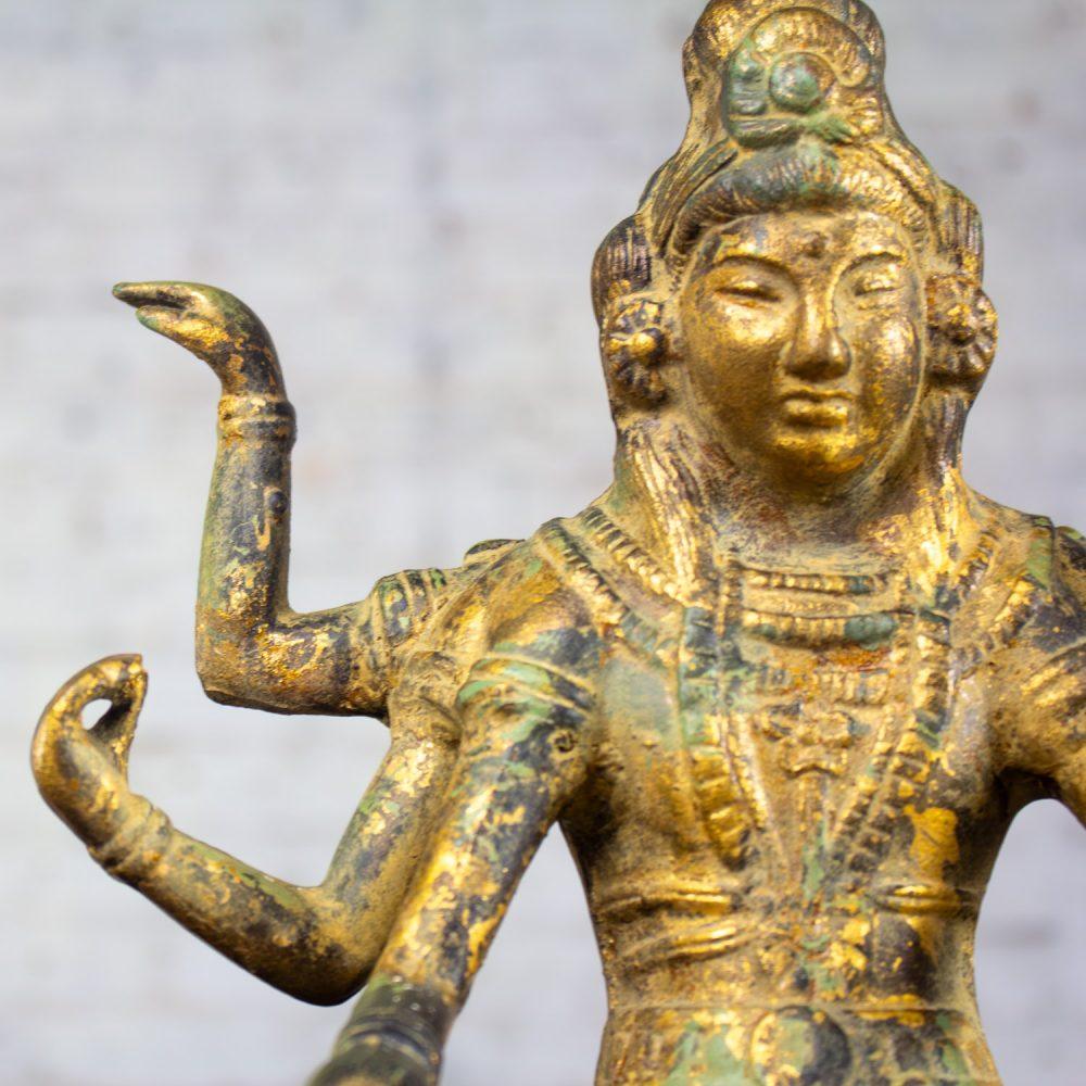 20th Century Asian Gilded & Patinated Cast Iron 6-Armed Deity Vasudhara Buddhist Sculpture