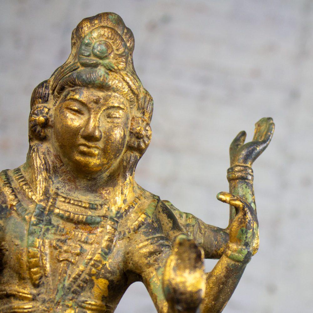 20th Century Asian Gilded & Patinated Cast Iron 6-Armed Deity Vasudhara Buddhist Sculpture