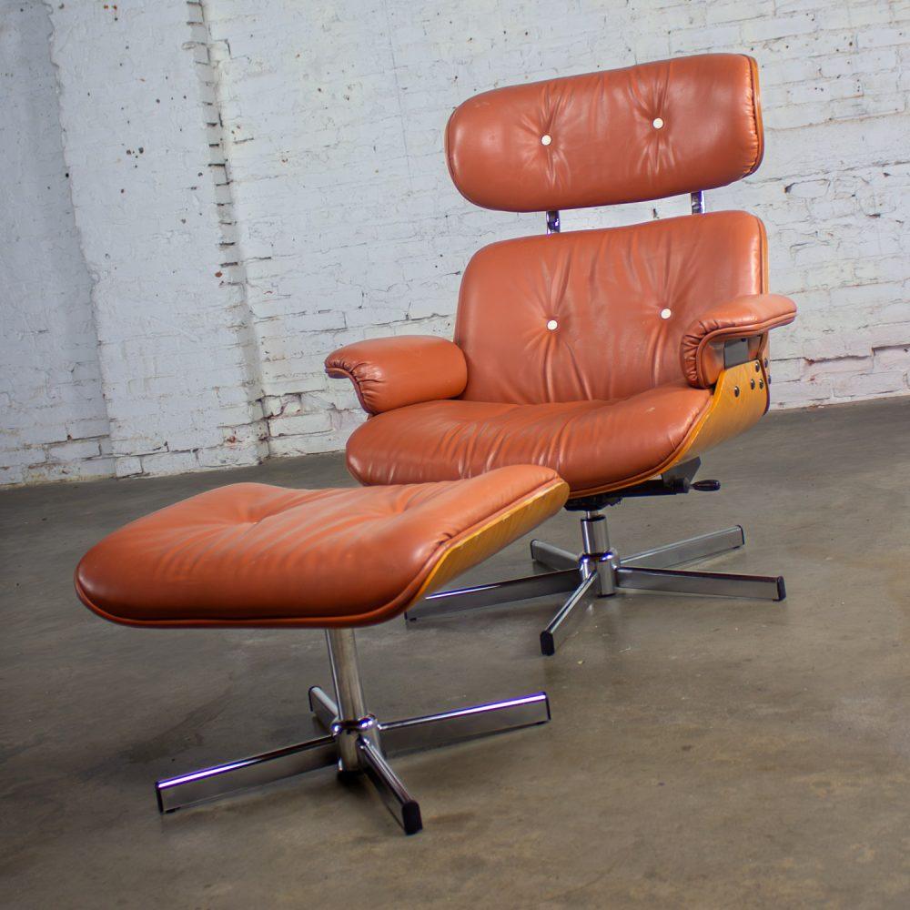 MCM Style Mid to Late 20th Century Plycraft Lounge Chair & Ottoman in Saddle Color Italian Leather
