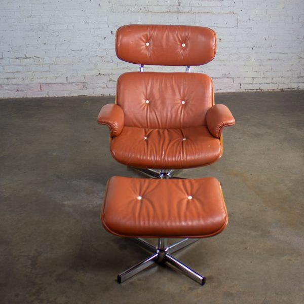 MCM Style Mid to Late 20th Century Plycraft Lounge Chair & Ottoman in Saddle Color Italian Leather