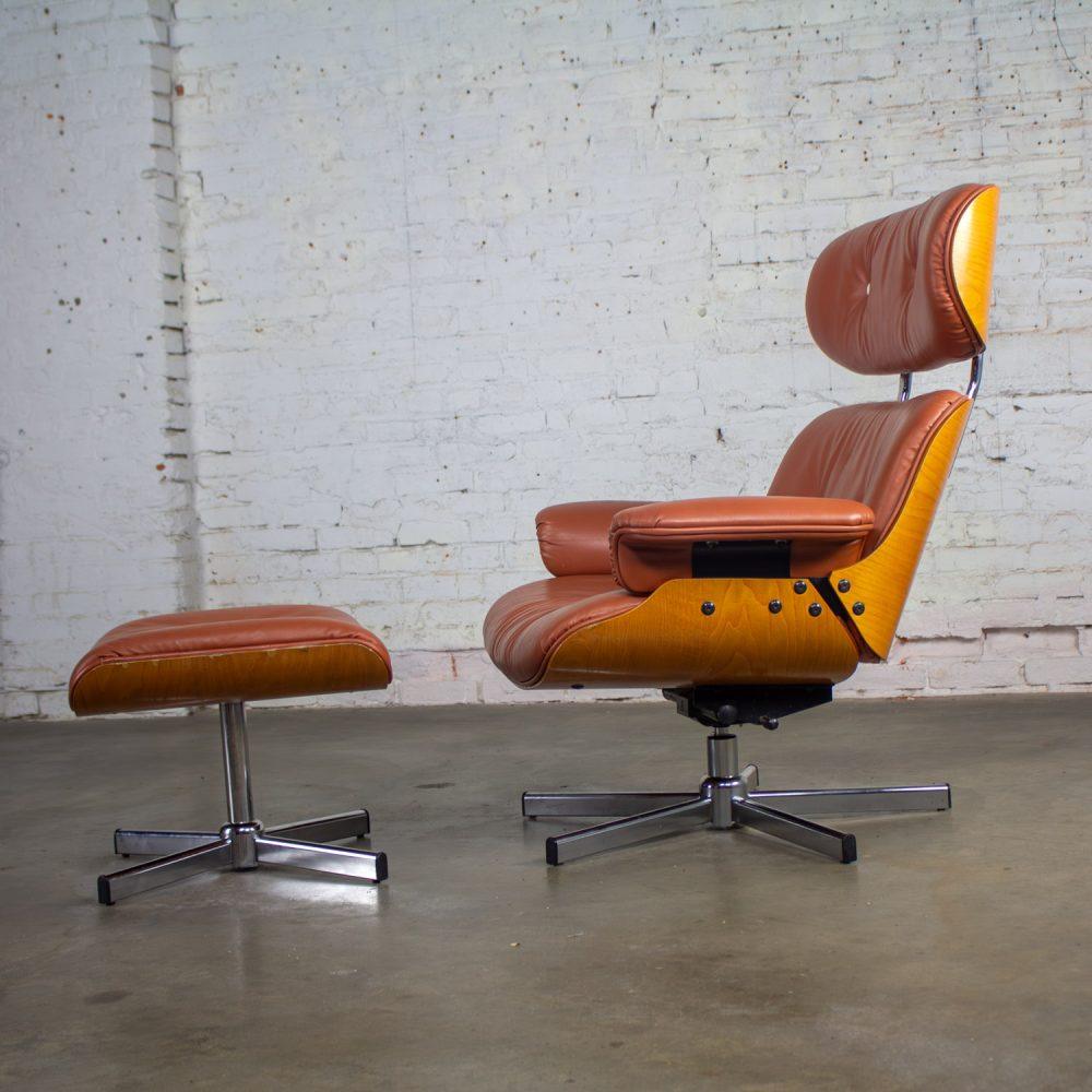 MCM Style Mid to Late 20th Century Plycraft Lounge Chair & Ottoman in Saddle Color Italian Leather