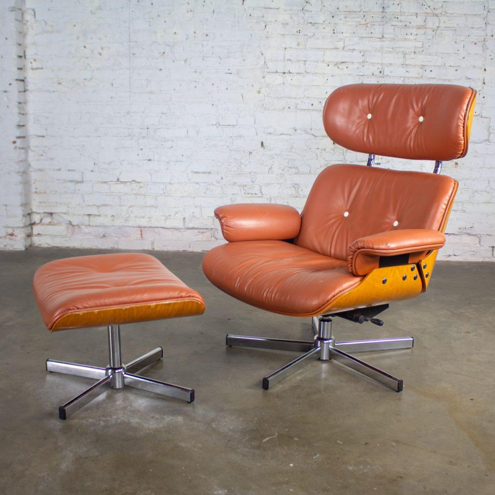 MCM Style Mid to Late 20th Century Plycraft Lounge Chair & Ottoman in Saddle Color Italian Leather