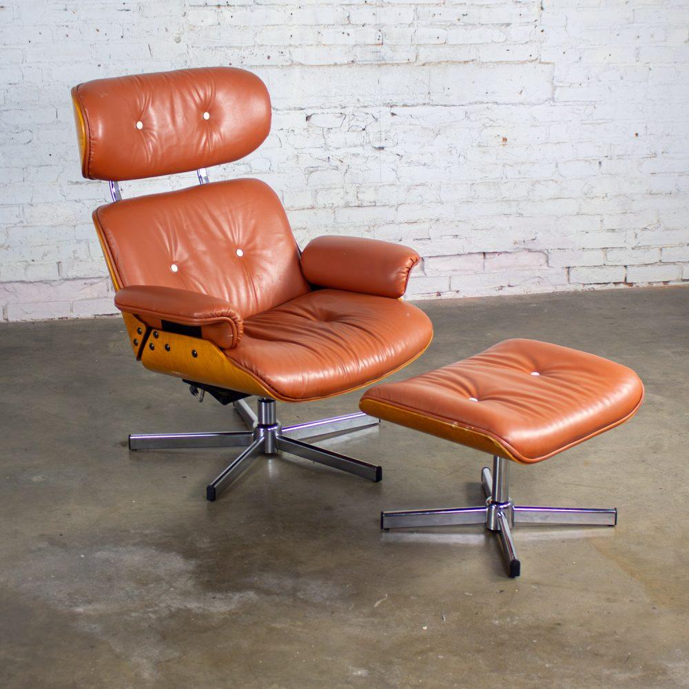 MCM Style Mid to Late 20th Century Plycraft Lounge Chair & Ottoman in Saddle Color Italian Leather