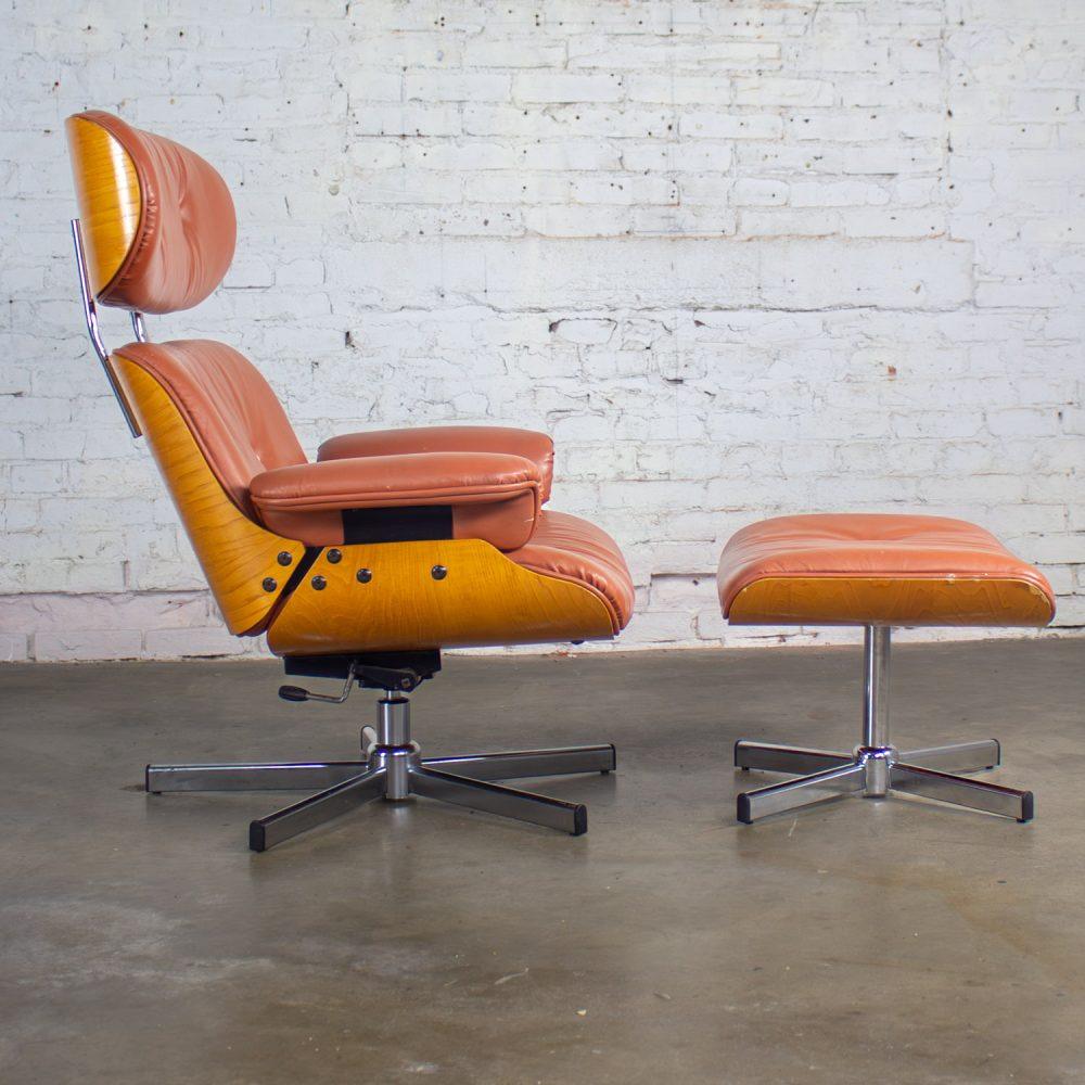 MCM Style Mid to Late 20th Century Plycraft Lounge Chair & Ottoman in Saddle Color Italian Leather