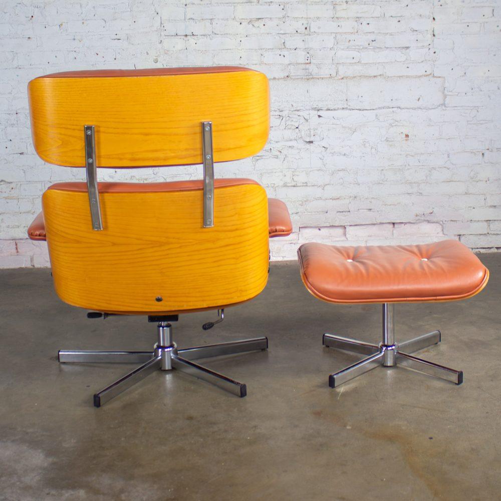 MCM Style Mid to Late 20th Century Plycraft Lounge Chair & Ottoman in Saddle Color Italian Leather